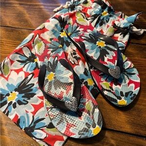 Brighton Flip Flops Bright Floral w/matching fabric bag Size 7-8